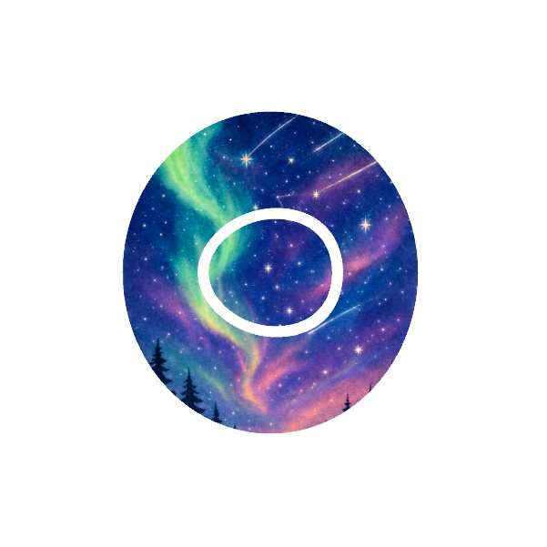 Circular design of Aurora starry night sky with trees at the bottom on a tie die blue, purple and green background fits CGM Dexcom One+ and G7 device.