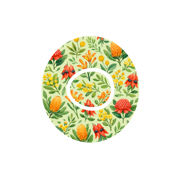 Circular design Australian florals banksia, billy buttons, kangaroo paw and desert pea on cream and green background fits CGM Dexcom One+ and G7 device.