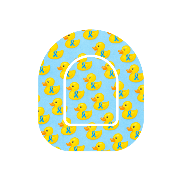 Patch for Omnipod with a pattern of yellow rubber ducks and blue ribbons on a blue background