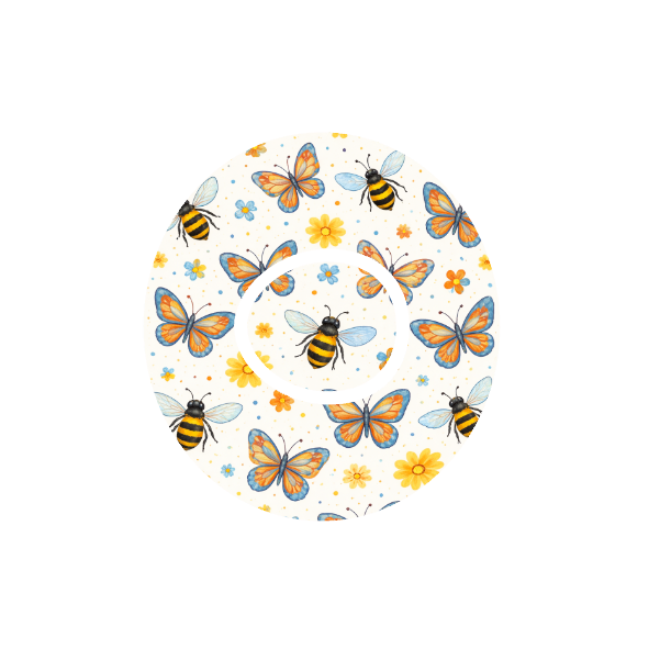 Circular pattern of bees and butterflies with flowers on a off white background fits CGM Dexcom One+ and G7 device.