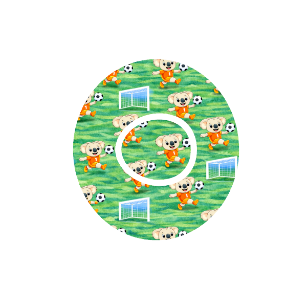 Binki Soccer Stars CGM patch for Dexcom One+ — Binki koala playing soccer on green field
