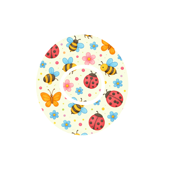 Circular shape animated Lady Bugs, Bees and Butterflies flying around on a off white background with colourful flowers fits CGM Dexcom One+ and G7 device.