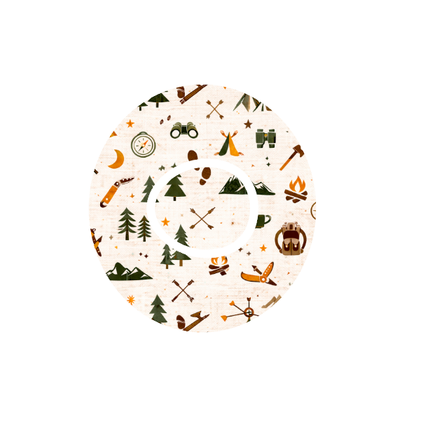 Camping Outdoors CGM patch for Dexcom One+ — tents, axe, fire and backpack icons on stone white