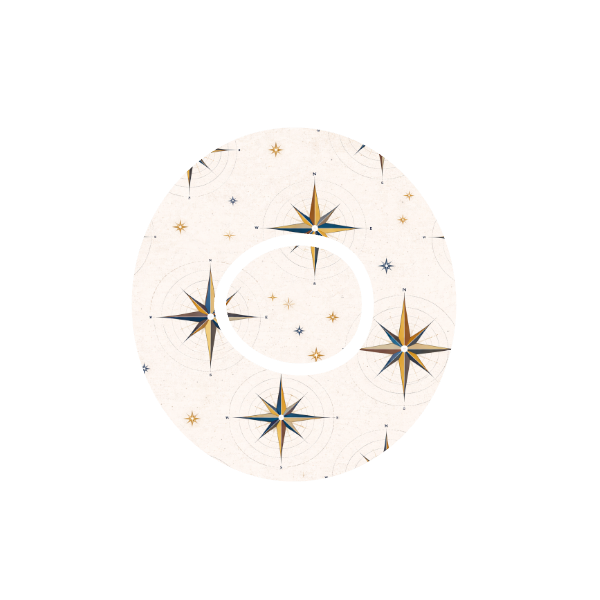 Circular design of compass with starburst patterns on a stone taupe background fits CGM Dexcom One+ and G7 device.