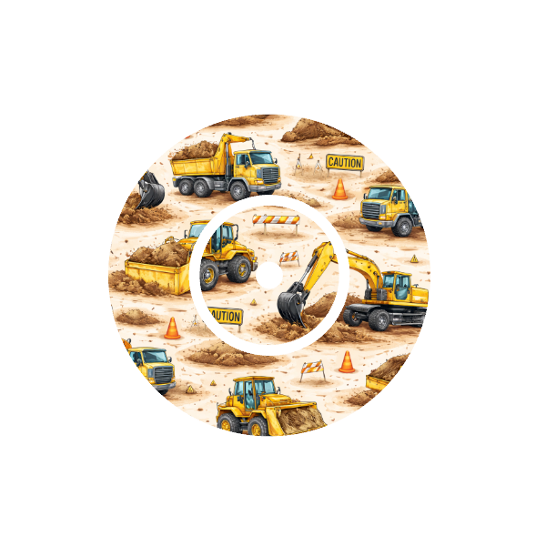 Circular design with construction vehicles on a beige background fits CGM FreeStyle Libre 2 device.