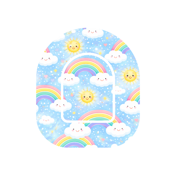 Rainbow Days patch for Omnipod Insulin Pump — cartoon suns, clouds and rainbows on light blue background