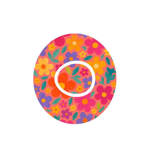Retro Bloom CGM patch for Dexcom G7 — retro flower pattern in bright colours on soft pink