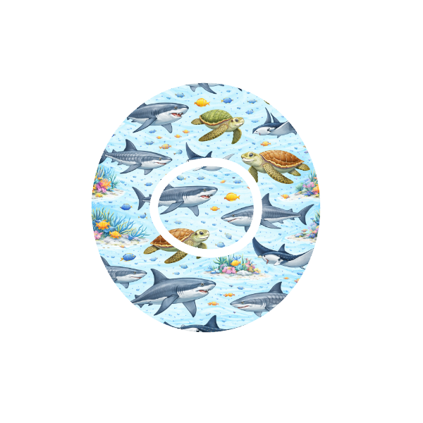 Sealife CGM patch for Dexcom One+ — sharks, rays and turtles on blue underwater background