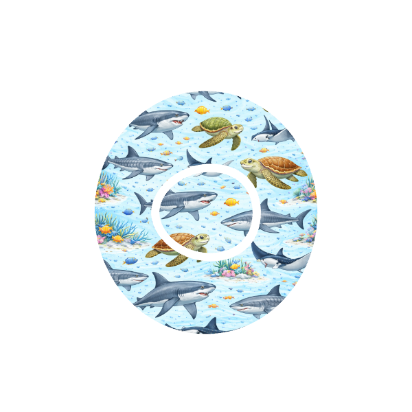 Sealife CGM patch for Dexcom G7 — sharks, rays and turtles on blue underwater background