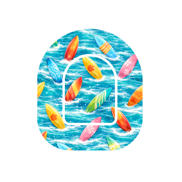 Colourful Surfboards in waves blue water . Patch for Omnipod Insulin Pump.