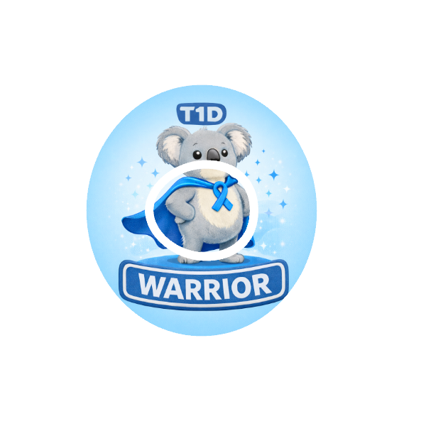 T1D Warrior Binki CGM patch for Dexcom G7 — koala in blue cape with T1D ribbon design