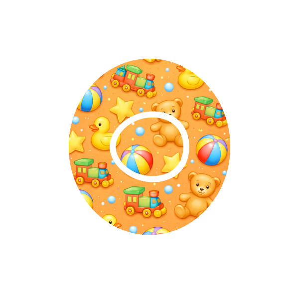 Toys CGM patch for Dexcom One+ — cartoon teddy bear, train, ducks and stars on orange background