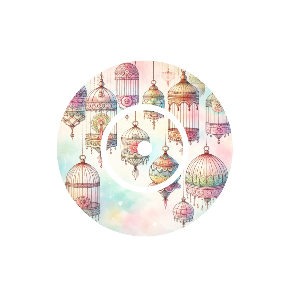 Vintage Cage CGM patch for FreeStyle Libre 2 — colourful vintage birdcages on pastel background