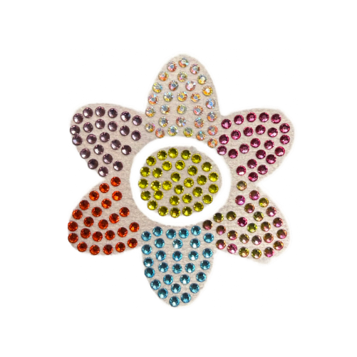 A flower-shaped rhinestone G7 patch embellishment with six petals in assorted colors surrounding a central green rhinestone cluster, shown on a plain white background.
