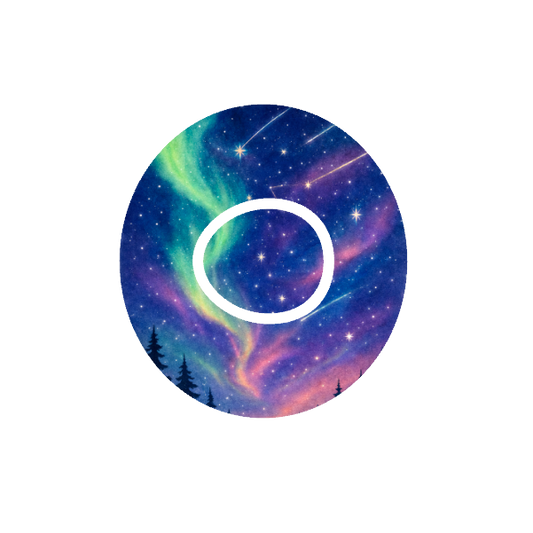 Aurora CGM patch for Dexcom One+ — northern lights with trees on blue purple green background