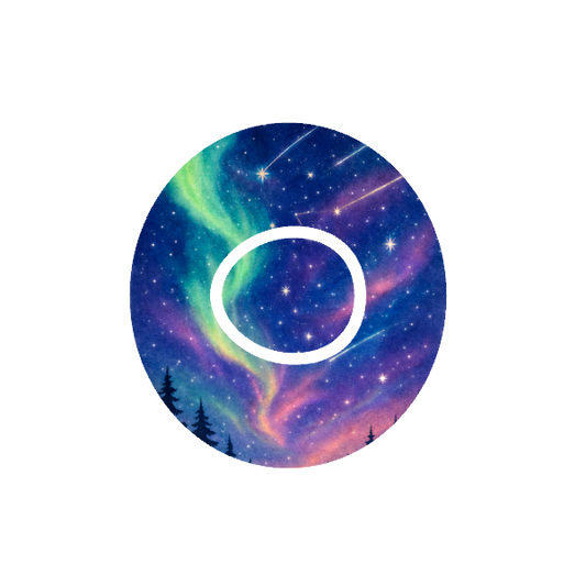 Circular design of Aurora starry night sky with trees at the bottom on a tie die blue, purple and green background fits CGM Dexcom One+ and G7 device.