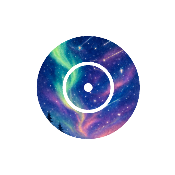 Circular design of Aurora starry night sky with trees at the bottom on a tie die blue, purple and green background fits CGM FreeStyle Libre 2 device.