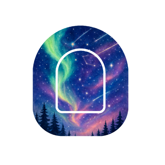 Aurora patch for Omnipod Insulin Pump — northern lights with trees on blue purple green background