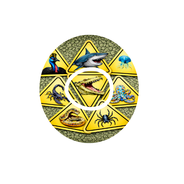 Circular design with yellow warning signs featuring various dangerous Australian animals on a textured green background fits CGM Dexcom One+ and G7 device.