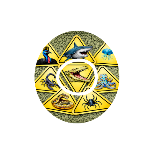 Circular design with yellow warning signs featuring various dangerous Australian animals on a textured green background fits CGM Dexcom One+ and G7 device.