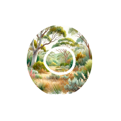 Aussie Landscape CGM patch for Dexcom One+ — watercolour Australian bush scene on white
