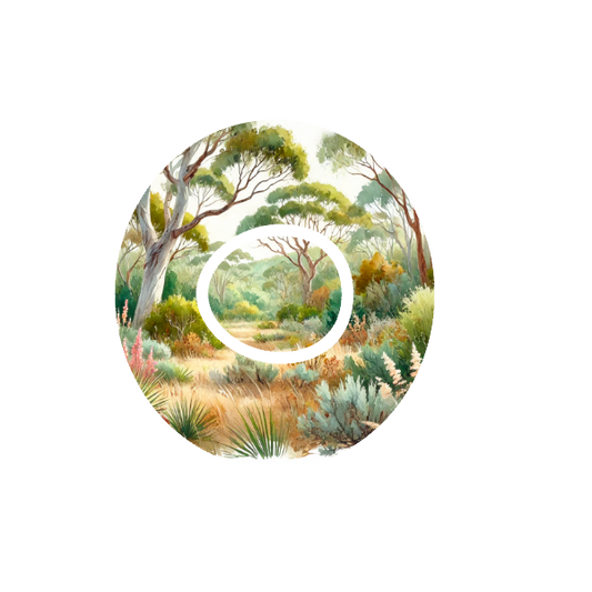 Circular design of watercolour illustration of a Australian landscape with trees and undergrowth on a white background fits CGM Dexcom One+ and G7 device.