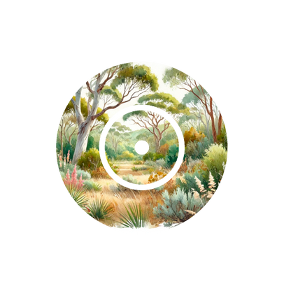 Aussie Landscape CGM patch for FreeStyle Libre 2 — watercolour Australian bush scene on white