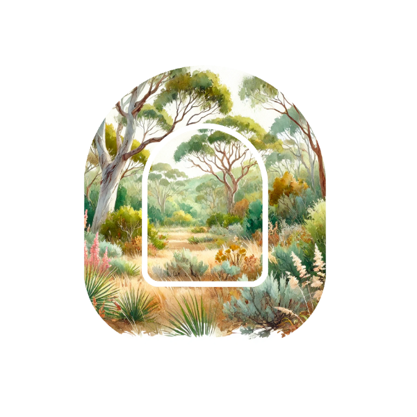 Aussie Landscape patch for Omnipod Insulin Pump — watercolour Australian bush scene on white
