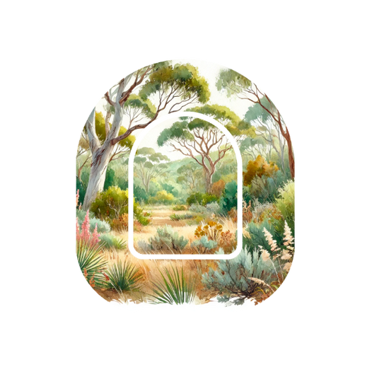 Aussie Landscape patch for Omnipod Insulin Pump — watercolour Australian bush scene on white
