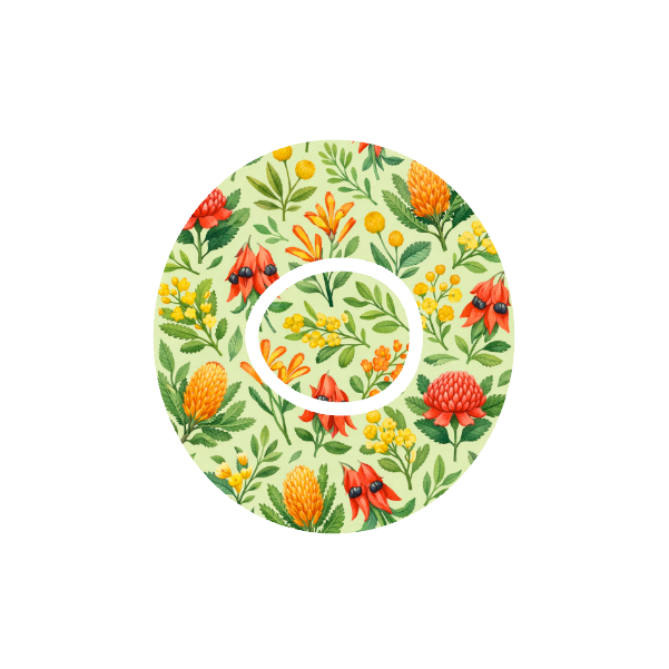 Bush Blooms CGM patch for Dexcom One+ — banksia, billy buttons, kangaroo paw on cream and green