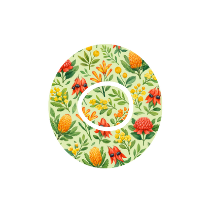 Bush Blooms CGM patch for Dexcom One+ — banksia, billy buttons, kangaroo paw on cream and green