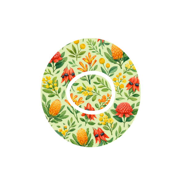 Bush Blooms CGM patch for Dexcom G7 — banksia, billy buttons, kangaroo paw on cream and green