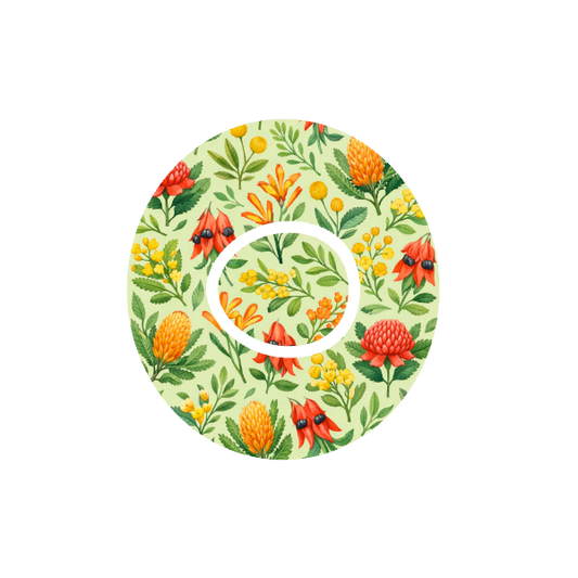 Circular design Australian florals banksia, billy buttons, kangaroo paw and desert pea on cream and green  background fits CGM Dexcom One+ and G7 device.
