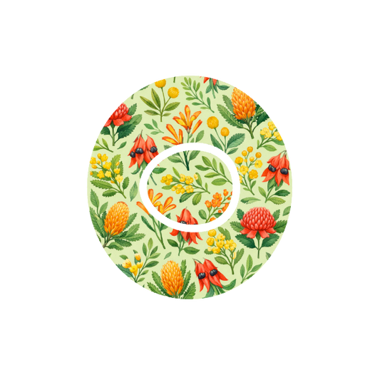 Circular design Australian florals banksia, billy buttons, kangaroo paw and desert pea on cream and green  background fits CGM Dexcom One+ and G7 device.
