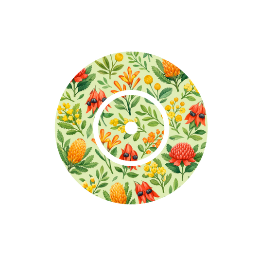 Bush Blooms CGM patch for FreeStyle Libre 2 — banksia, billy buttons, kangaroo paw on cream and green