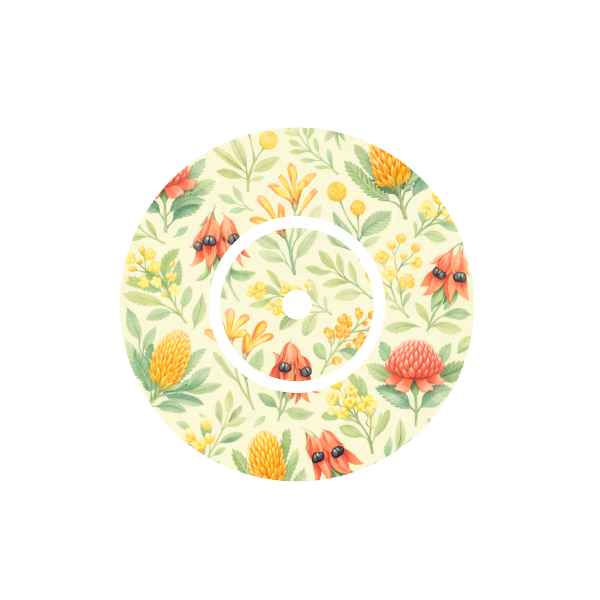 Circular design Australian florals banksia, billy buttons, kangaroo paw and desert pea on cream and green  background fits CGM FreeStyle Libre 2 device.
