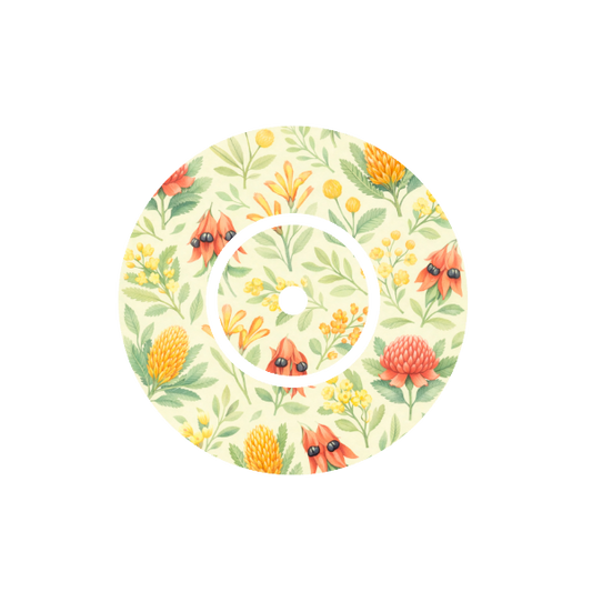 Circular design Australian florals banksia, billy buttons, kangaroo paw and desert pea on cream and green  background fits CGM FreeStyle Libre 2 device.
