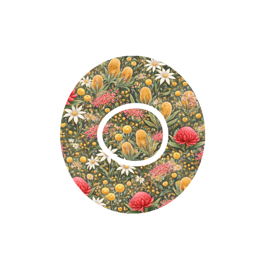 Aussie Native Garden CGM patch for Dexcom One+ — Australian native florals on green background
