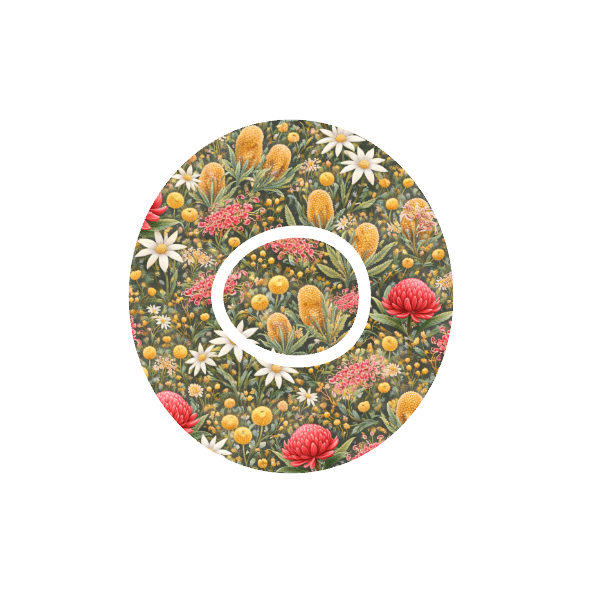 Circular design with Australian native floral pattern on a green background fits CGM Dexcom One+ and G7 device.