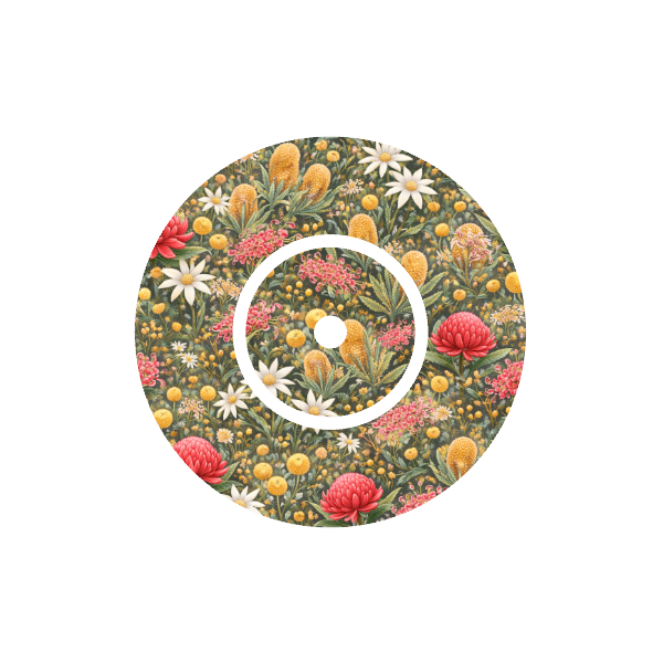 Circular design with Australian native floral pattern on a green background fits CGM FreeStyle Libre 2 device.