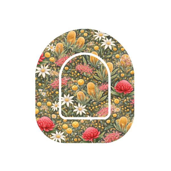 Aussie Native Garden patch for Omnipod Insulin Pump — Australian native florals on green background
