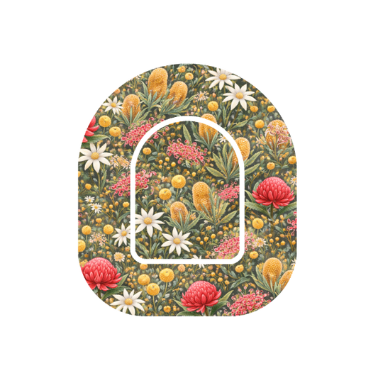 Aussie Native Garden patch for Omnipod Insulin Pump — Australian native florals on green background

