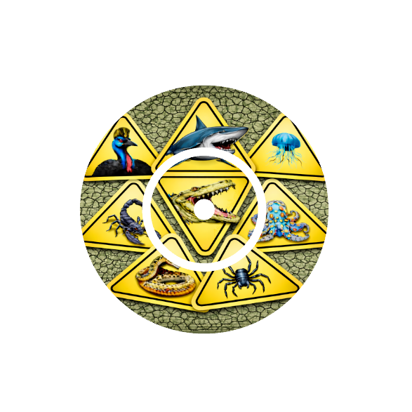 Circular design with yellow warning signs featuring various dangerous Australian animals on a textured green background fits CGM FreeStyle Libre 2 device.