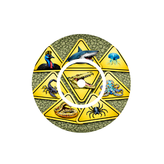 Circular design with yellow warning signs featuring various dangerous Australian animals on a textured green background fits CGM FreeStyle Libre 2 device.