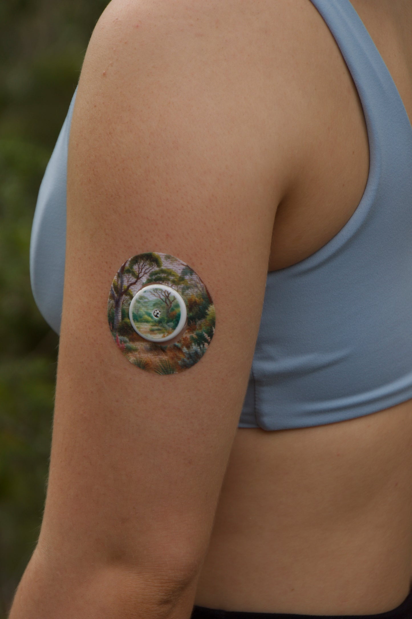 Aussie Landscape CGM patch for FreeStyle Libre 2 — watercolour Australian bush scene on white. Upper arm.