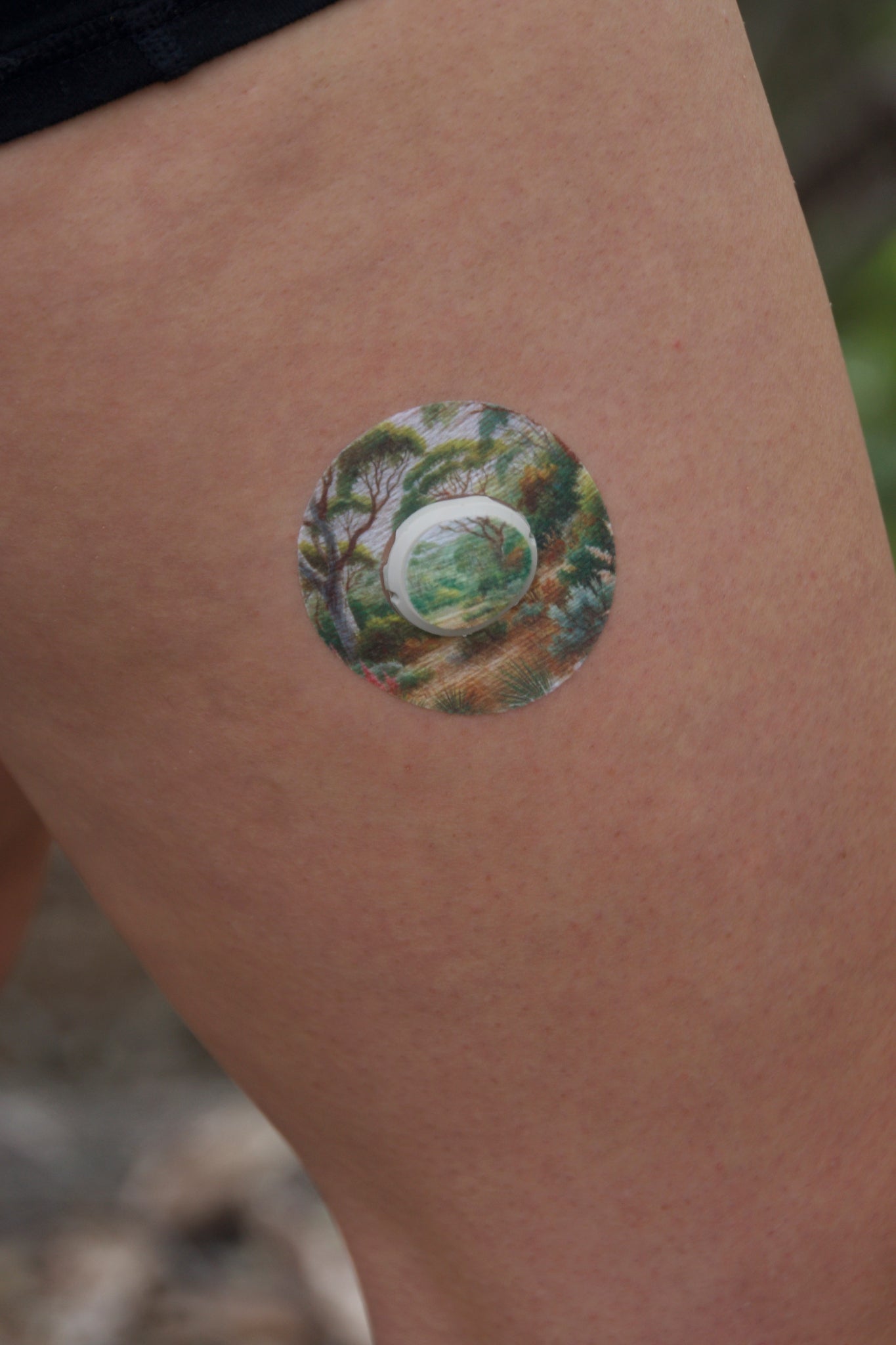 Aussie Landscape CGM patch for Dexcom One+ — watercolour Australian bush scene on white. Upper leg.
