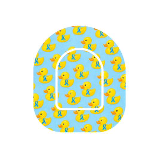 Patch for Omnipod with  a pattern of yellow rubber ducks and blue ribbons on a blue background