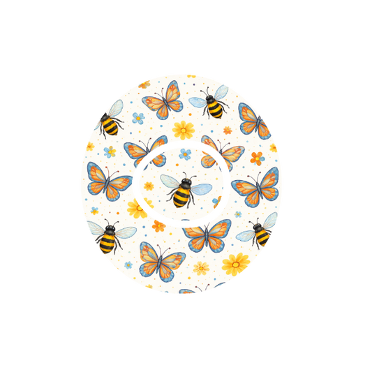 Circular pattern of bees and butterflies with flowers on a off white background fits  CGM Dexcom One+ and G7 device.