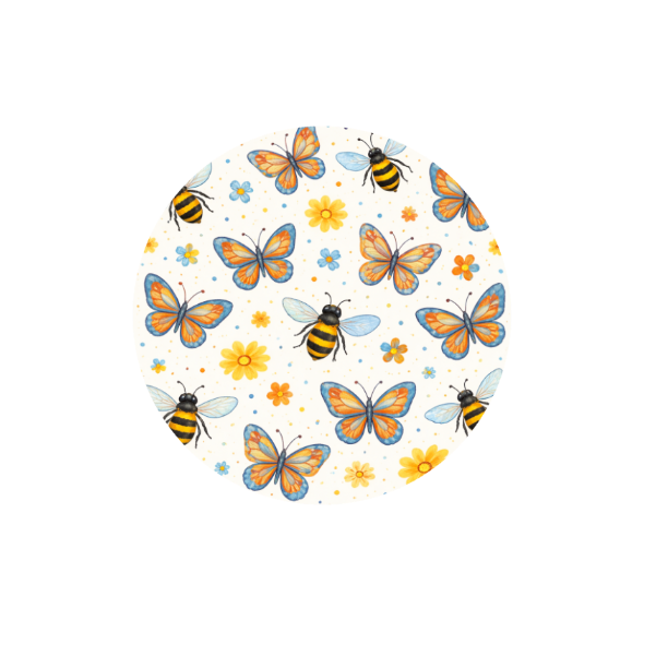 Bee’s and Butterflies CGM patch featuring colourful bees, butterflies and floral details, designed by Stick By Me.