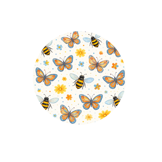 Bee’s and Butterflies CGM patch featuring colourful bees, butterflies and floral details, designed by Stick By Me.